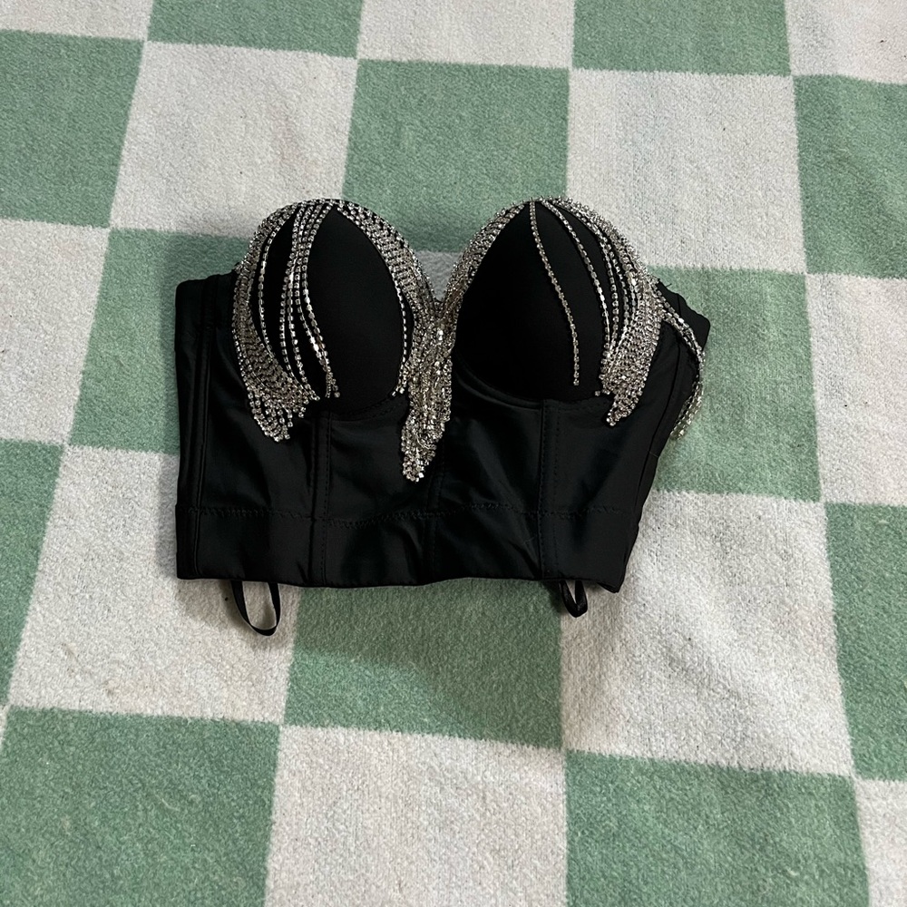 Black Bustier with Silver Rhinestone Fringe